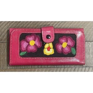 Womens Hand Embroidered & Embossed Leather Tri-Fold Wallet Mirror/Change Pouch